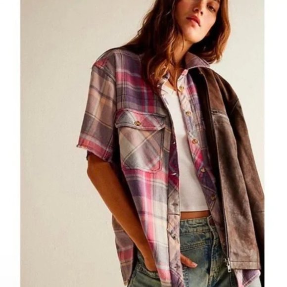 Free People Tops - NWT $98 Free People M Vintage Crushed Plaid Shirt Gray Red Combo NEW We the Free
